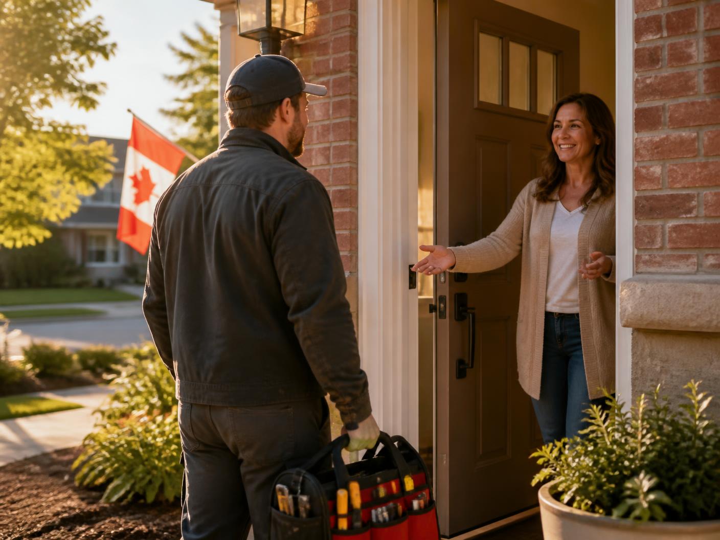 A local professional arriving at a homeowner's front door
